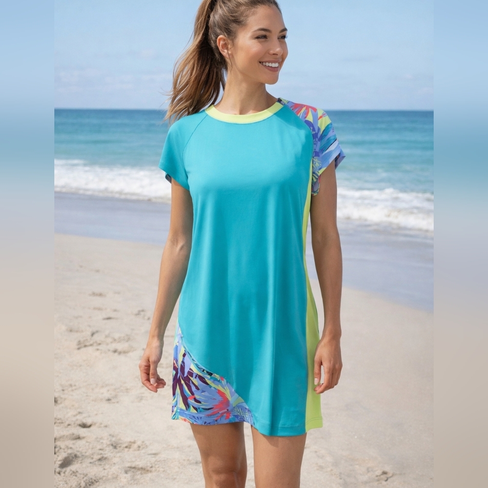 Title Nine Blue Green Colorblock Tropical Print Athletic Mini Dress Womens sz L